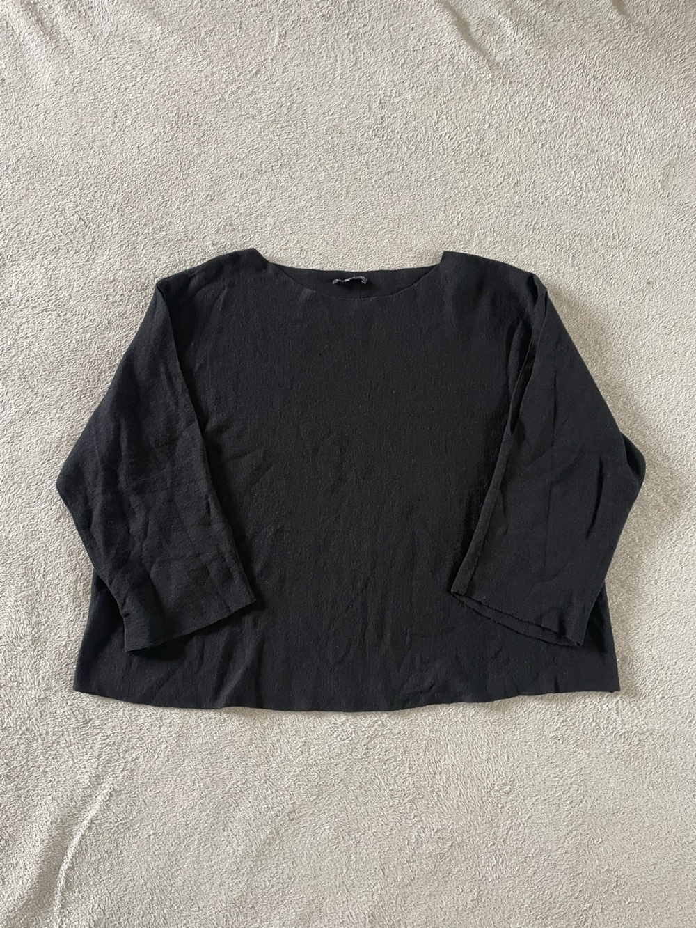 Eileen Fisher Merino Wool Shoulder Slit Boxy Black Sweater Neutral Minimal